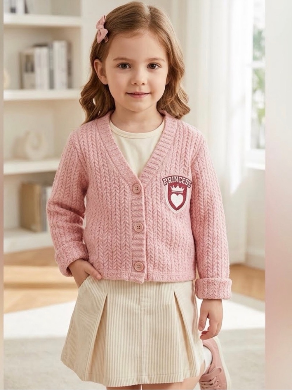 Knitworks Pink Cable-Knit Princess Patch Cardigan